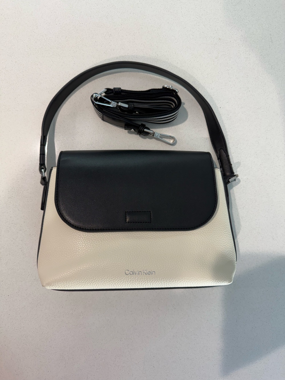 Calvin Klein Black and Cream Leather Crossbody Bag